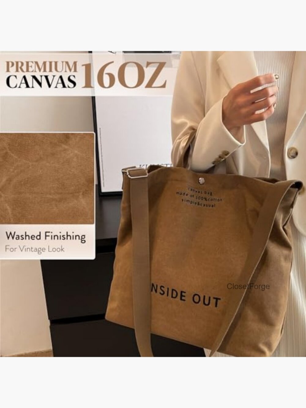 Large Canvas Tote Bag Crossbody Shoulder Bag Heavy Duty 16oz Cotton - Picture 5 of 7